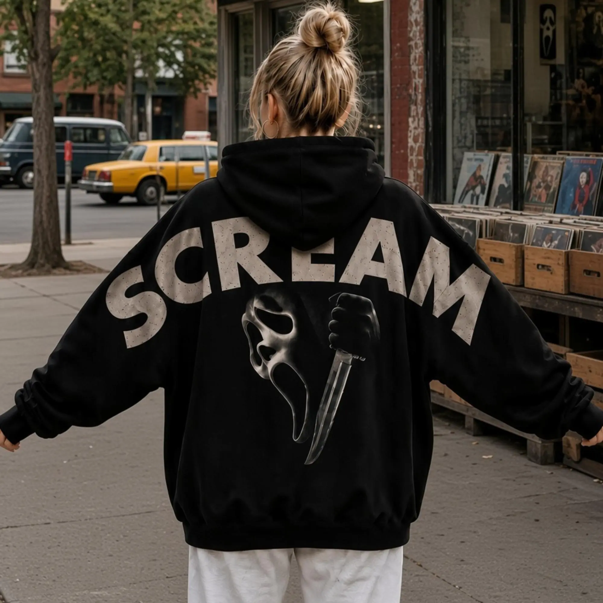 Scream Ghostface Shoulder to Shoulder Hoodie Funny Horror Movie Graphic Sweatshirt Spooky Season Back Print Apparel Scary Film Fan T-Shirt Edgy Streetwear Heavy Metal Style Crewneck Sweatshirt Cozy Pullover Hoodie Gift
