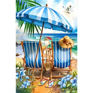 1PCS Beach Diamond Painting Kit Blue Striped Umbrella Chairs Seaside Scene DIY Rhinestone Embroidery Home