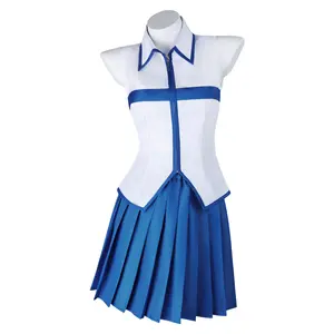 Women‘s Lucy Heartfilia Cosplay Costume White Top Blue Pleated Skirt with Headpiece