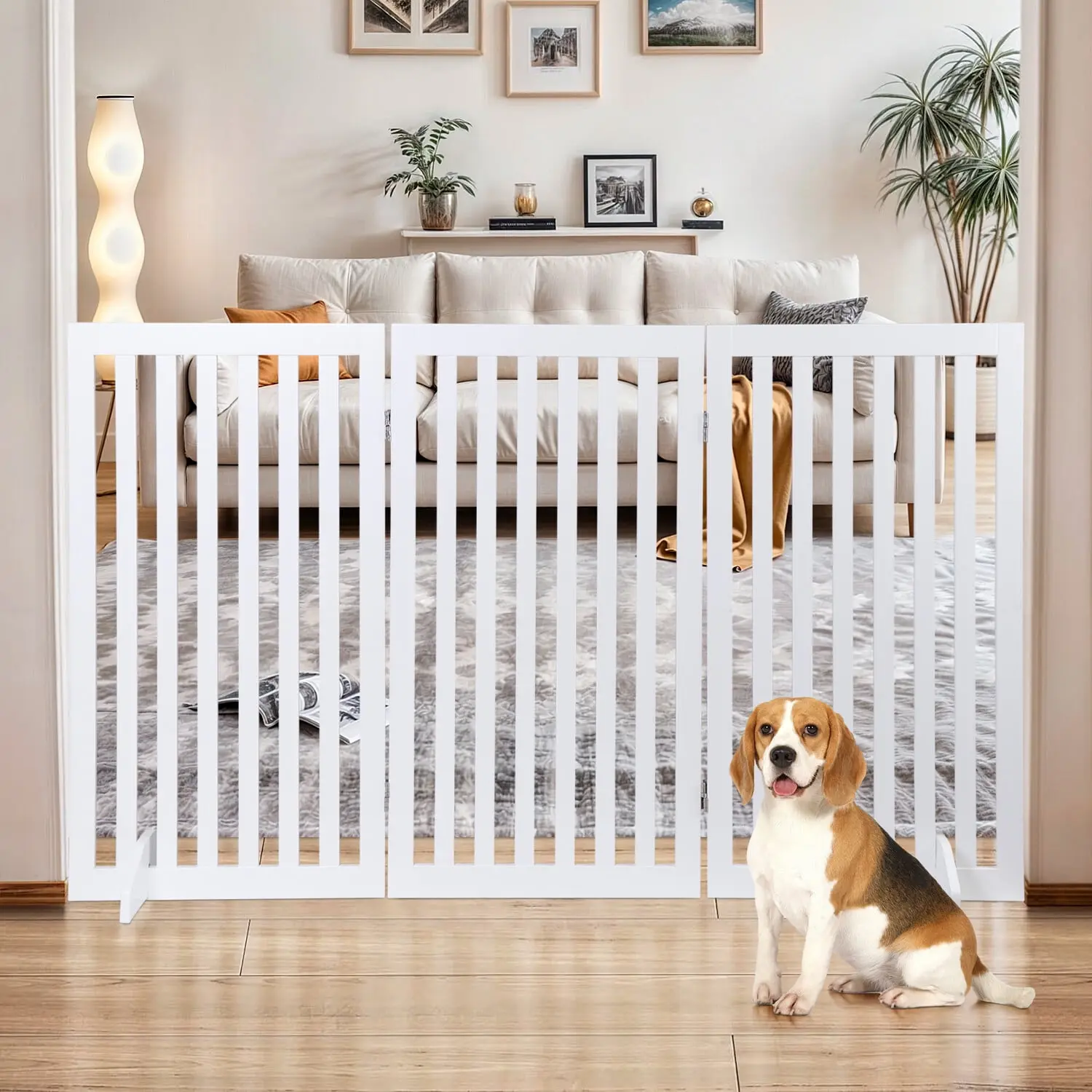 Pet Republic 3-Panel 36-in Extra Tall Open Slat MDF & Metal Dog Gate, Folding Portable Design, with Support Leg, for Home Separation of Small/Medium Dogs (Doorways, Stairs)