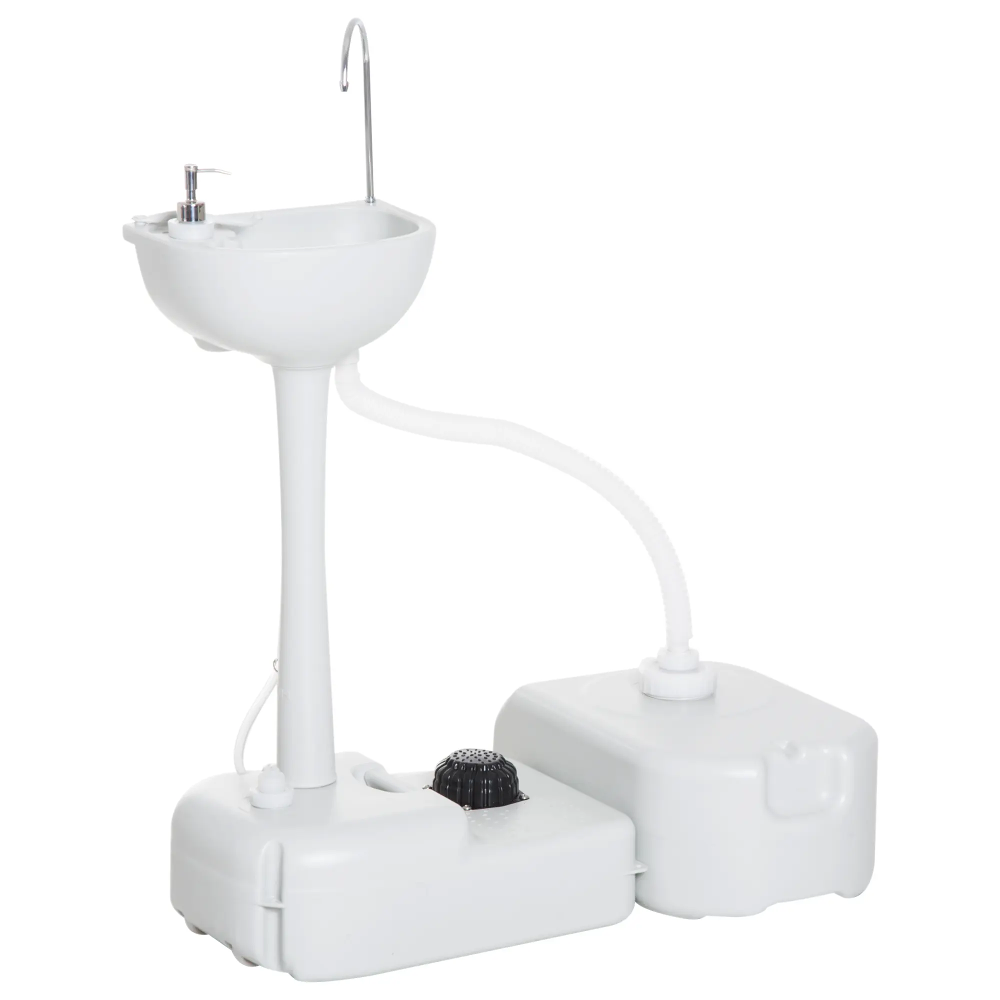 Portable Camping Sink – White. 4.5 Gal Fresh Tank + 6.3 Gal Recovery Tank. Foot Pump Operation. Soap Dispenser + Towel Holder + Drainage Hose. Rolling Wheels + Handle. HDPE Rust-Proof