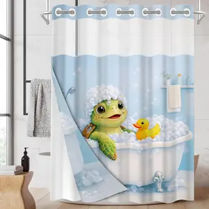 1PC Double Layer Shower Curtain, No Hooks, Cute Bathing Turtle Print Waterproof Fabric, Kids Friendly Bathroom Decor, Whimsical Calming Aesthetic, Hotel Bathroom Accessory, Detachable Buckle Shower Curtain and Liner, Bathroom Room Divider