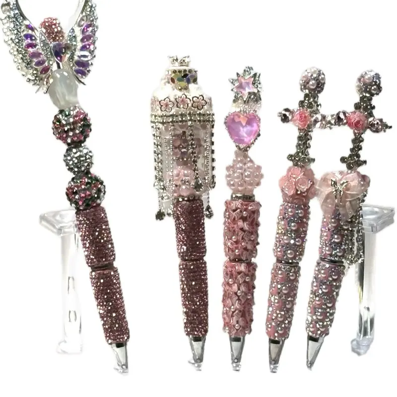 Pink Glam Gemstones and Rhinestone Pens with Elegant Beaded Design and Sparkling Accents for Stylish Writing