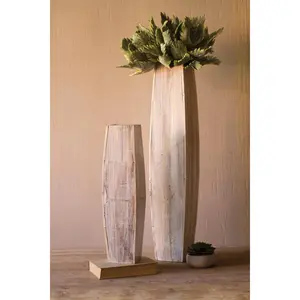 Set Of Two White Washed Tall Oblong Wooden Vases