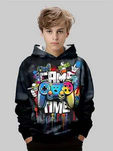 Boys' Fashion 3D Print Hoodie Sweatshirt, Graphic Hoodie, Casual Long Sleeve Pullover with Pockets, Stretch Polyester Blend, Ideal for Daily & Outdoor Wear