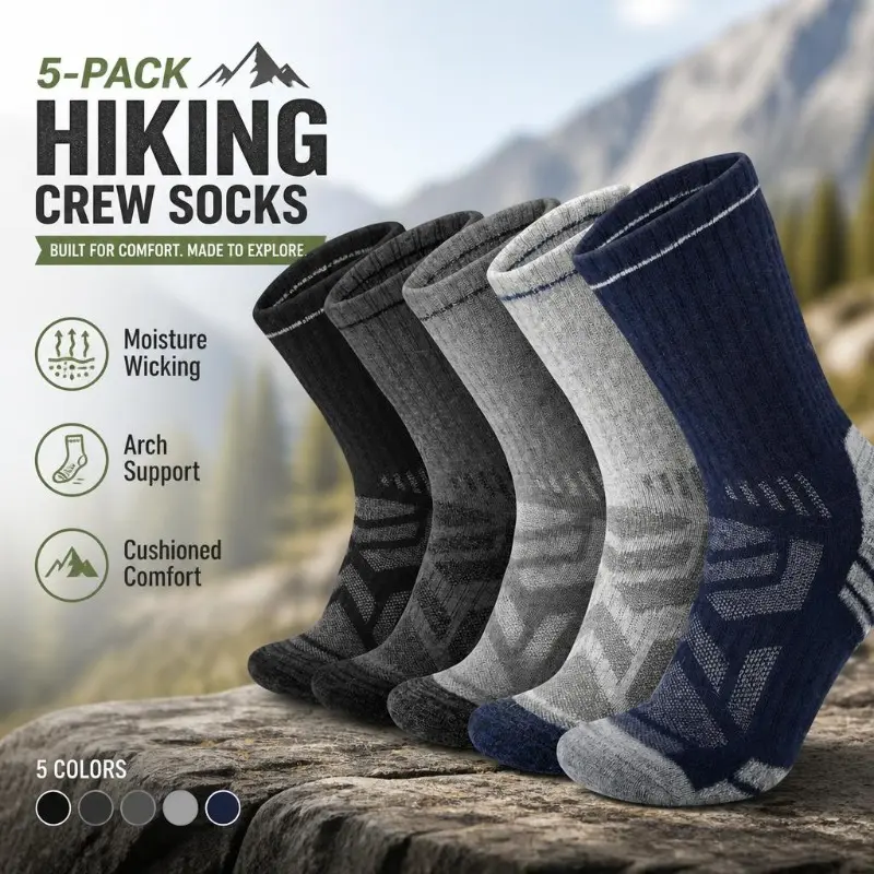 Unisex Plain Mid-Crew Cotton Knit Sports Socks (5-Pair) - Cushioned, Breathable, Thermal Athletic Socks for Running, Running Accessories, Machine Washable, All Seasons, Adults