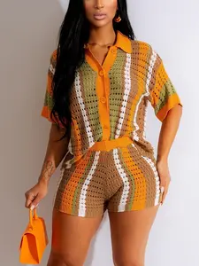 Women's Colorblock Striped Top & Shorts Two-piece Set, Casual Breathable Lightweight Fitted Top & Shorts Set for Summer, Ladies Clothes for Beach Vacation, Cute Summer Outfit