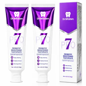 DrWhiten New 7-Pro Probiotic Purple Toothpaste, Intensive Color-Correcting Toothpaste for Yellow Tones, Peroxide-Free Mint Grape Flavor, 7 Probiotic Strains, Fresh Breath & Daily Enamel Care, 4.23 oz