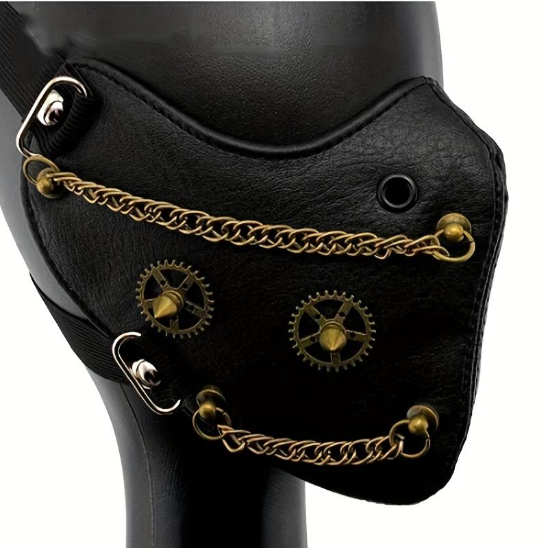 Cyberpunk and Steampunk Style Adult Faux Leather Mask with Gold Chain - Fashionable, Avant-garde Halloween Party Accessory, Adjustable Shoulder Strap, Design Options, Halloween Costume