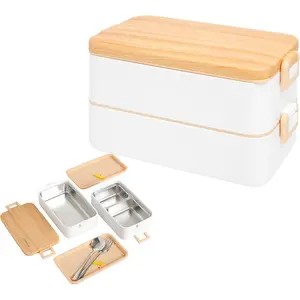 stainless steel bento  lunch  with compartments for adults, spoon and fork, leak-proof, easy side locks (White)
