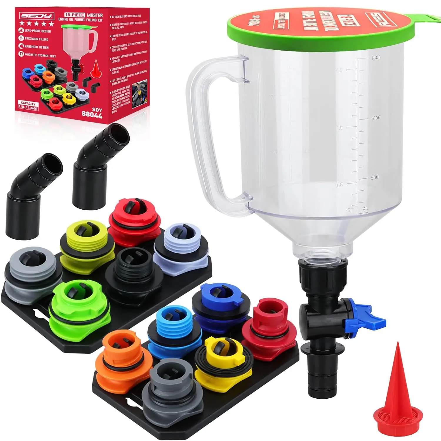18-Piece Engine Oil Funnel Set, 1.59QT/1.5L Automotive Oil Funnel Kit with 12 Adapters, Elbow Fitting, Arrow Screen and Magnetic Storage Hooks Tray, C