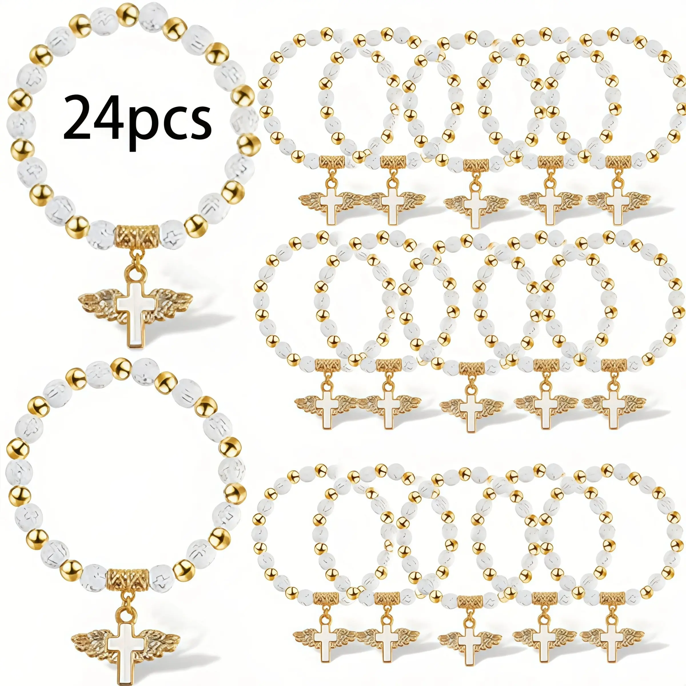 24pcs Beaded Cross Pendant Elastic Bracelets, Multifunctional Jewelry, Beaded Charm Bracelet, Perfect for Baptism, First Communion, Birthday, Wedding, Anniversary Gifts, Bracelet Sets