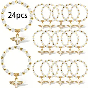 24pcs Beaded Cross Pendant Elastic Bracelets, Multifunctional Jewelry, Beaded Charm Bracelet, Perfect for Baptism, First Communion, Birthday, Wedding, Anniversary Gifts, Bracelet Sets