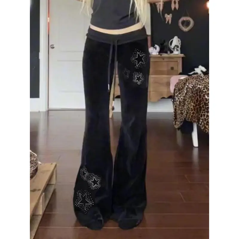 Women's Star Pattern Rhinestones Velvet Pants, Y2k Style Drawstring Waist Bell Bottom Trousers for Daily Wear, Ladies Bottoms for All Seasons, Casual Streetwear Pants