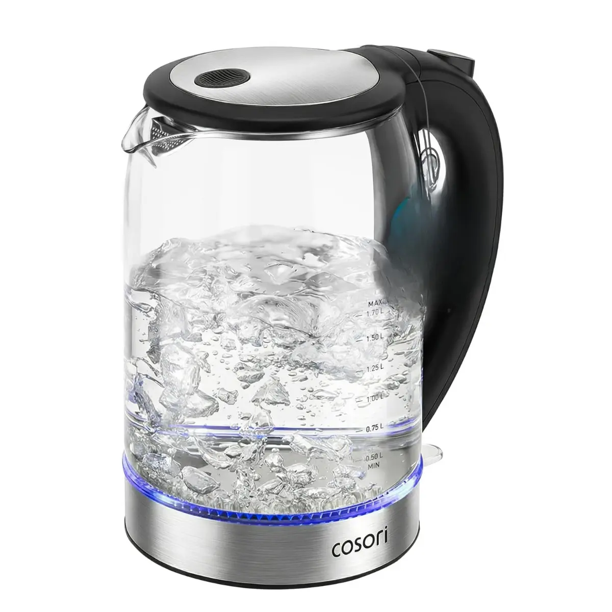 1500W Borosilicate Glass Electric Kettle - 1.7L, No Plastic-Water Contact, Wide Mouth for Easy Cleaning, Auto Shut Off, Black Kitchen Hot Water Boiler Teapot