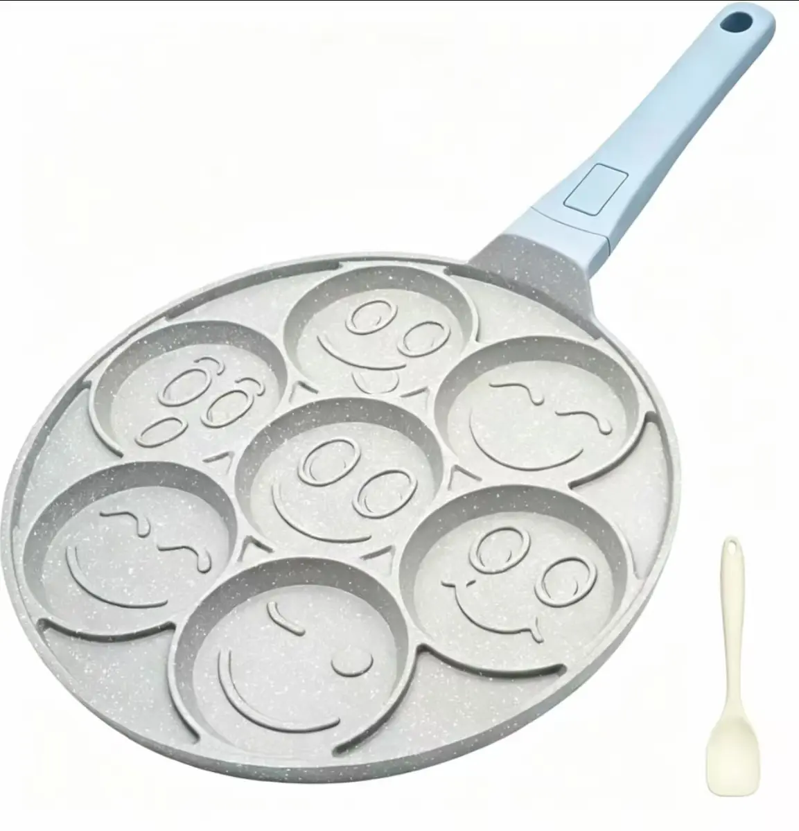 WENZHUO Ceramic Pancake Pan for Kids, Nonstick Smiley Face Pancake Maker Pan, 7 Holes Mini Pancake Maker with Detachable Handle - Blue