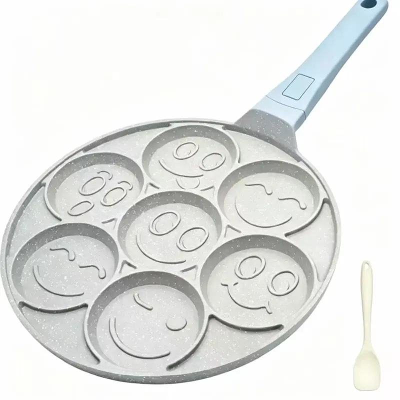 WENZHUO Aluminium Ceramic Nonstick 7-Hole Round Mini Pancake Maker for Kids - Detachable Handle, Efficient Cooking, Durable Healthy Coating, Insulation, Blue Cookware Pan (Even Heat Distribution)