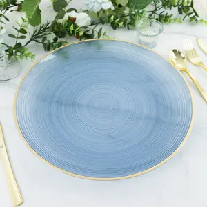 20 Pack 13" Economy Plastic Charger Plates – Transparent Dusty Blue Swirl Design with Gold Rim, Stylish Table Chargers