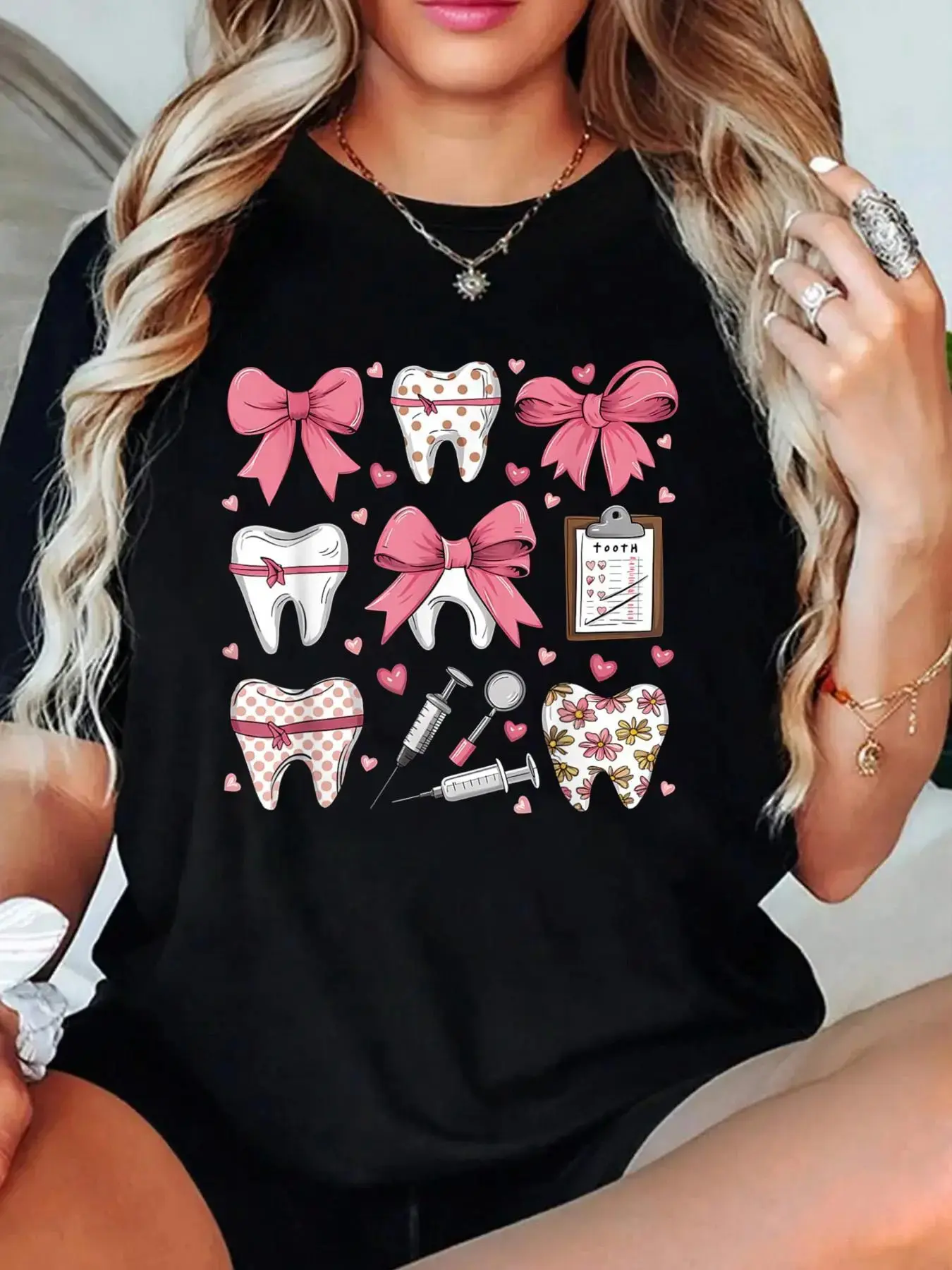 Pink Coquette Bow Cute Teeth Dentist Squad Dental Assistant T-Shirt Crew Neck T Shirt For Summer, Women's Soft Short Sleeve Top, Stylish Comfy Tee For Women Graphic Tees