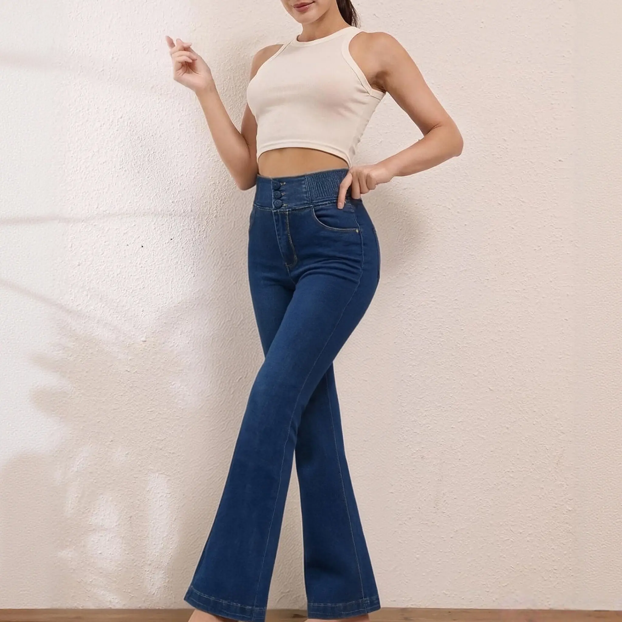 2026 Elastic Waist High Waist Elastic Slim Fit Slightly Flared Raised Butt Lift Denim Trousers