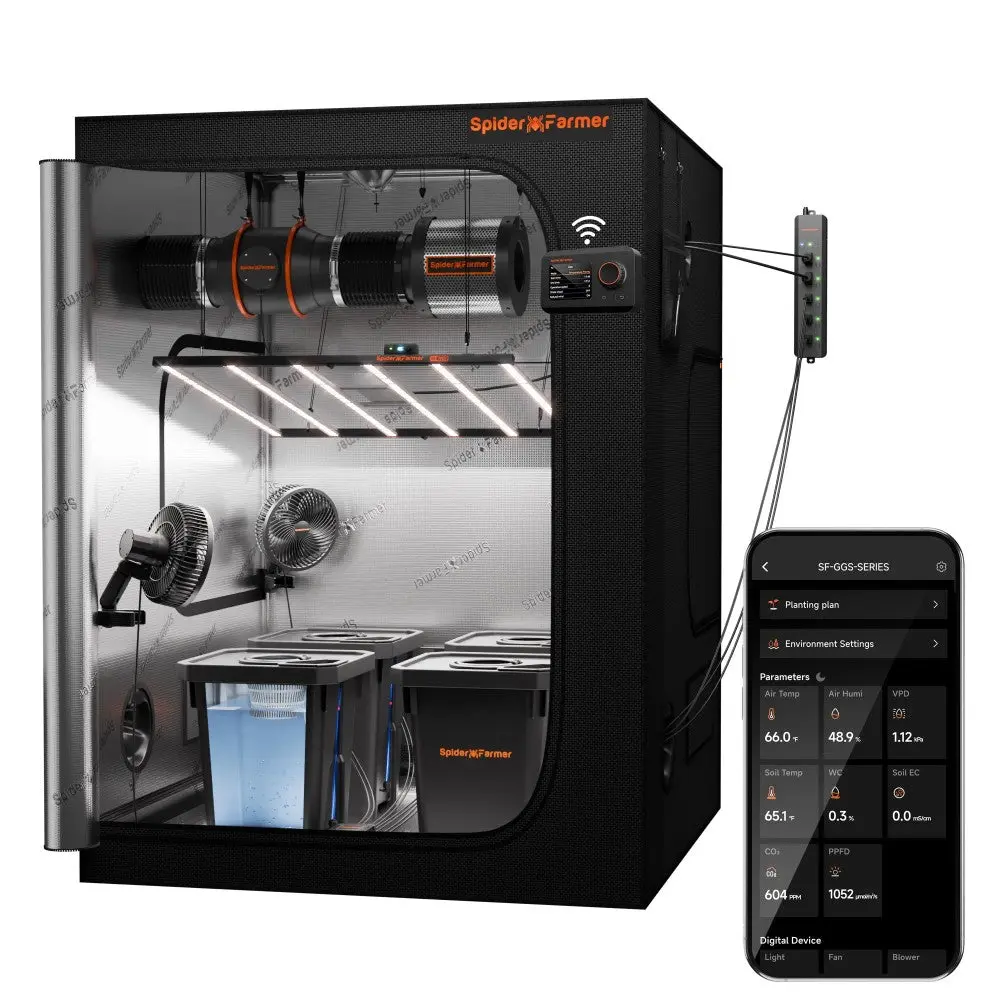 Spider Farmer Smart Hydroponic DWC 5x5 Grow Tent Kit | 4-Bucket System with SE7000 730W LED, 6” Inline Fan, 2 Clip Fans, GGS Power Strip, WiFi-Integrated Controls