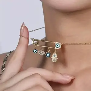 Evil Eye Safety Pin Necklace – Hamsa Hand & Star Charm Protection Jewelry, Dainty Gold Choker for Women, Boho Lucky Accessory with Crystal Accents