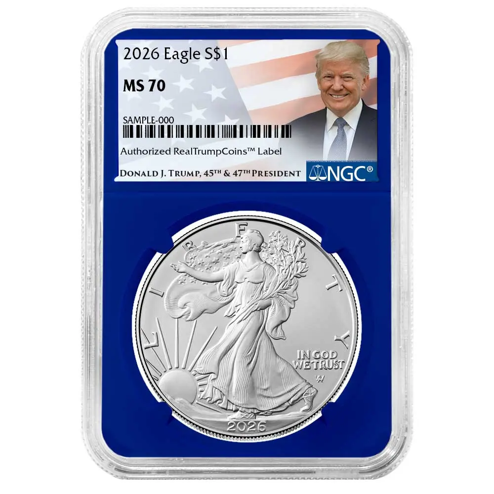 2026 $1 American Silver Eagle NGC MS70 Trump Label Blue Core
