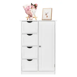 Karlhome Wooden Floor Cabinet, Side Storage Organizer with 4 Drawers and 1 Cupboard, Freestanding Entryway Storage Unit Console Table, Bathroom Furniture Home Decor, White