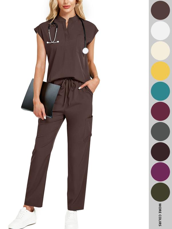 Cimmuovere Women's Solid Notched Neck Batwing Sleeve Top & Drawstring Waist Pants Two-Piece Scrub Set, Casual Cap Sleeve Top & Pocket Trousers for Summer, Vital Scrub Top, Women's Uniforms for Work, Medical Scrub Sets