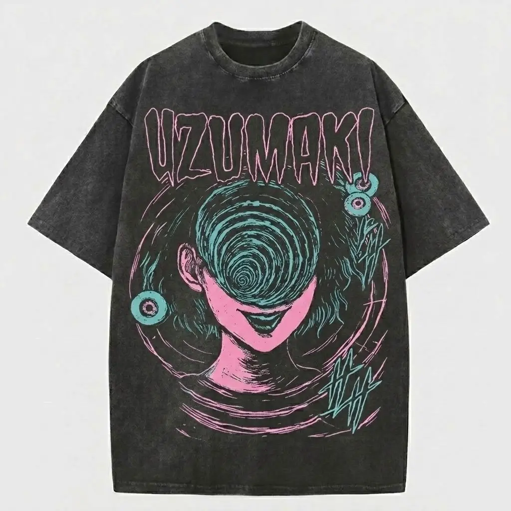 Men's Heavyweight 230g Premium Cotton Washed Graphic T-Shirt - 100% Premium Cotton Made in USA Factory - Mineral Wash Vintage Style Tee with High Contrast Neon Pink & Teal Spirals Uzumaki Lines - Streetwear Fashion Top