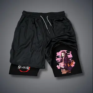 Demon Slayer 80s 90s Double-Layer Sports Shorts Graphic Shorts Black Camo Streetwear Shorts Men Outfits Men Vacation Outfits Shorts