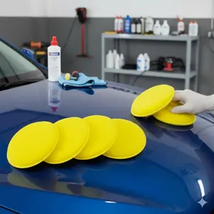 Yellow Round Foam Wax Applicator Pad, High-Density Car Polishing Sponge for Hand Waxing, Detailing & Paint Care. Professional Auto Body Buffing Tool.