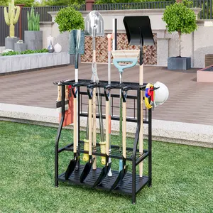Garage Garden Tool Organizer Rack, Tool Storage Rack with Hooks, Metal Yard Tool Rack for Long Handled Tools, Brooms, Shovel, Black