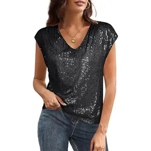 Women's Summer Top Women's Fashion V-neck Batwing Sleeve Sequin Sequined Vest