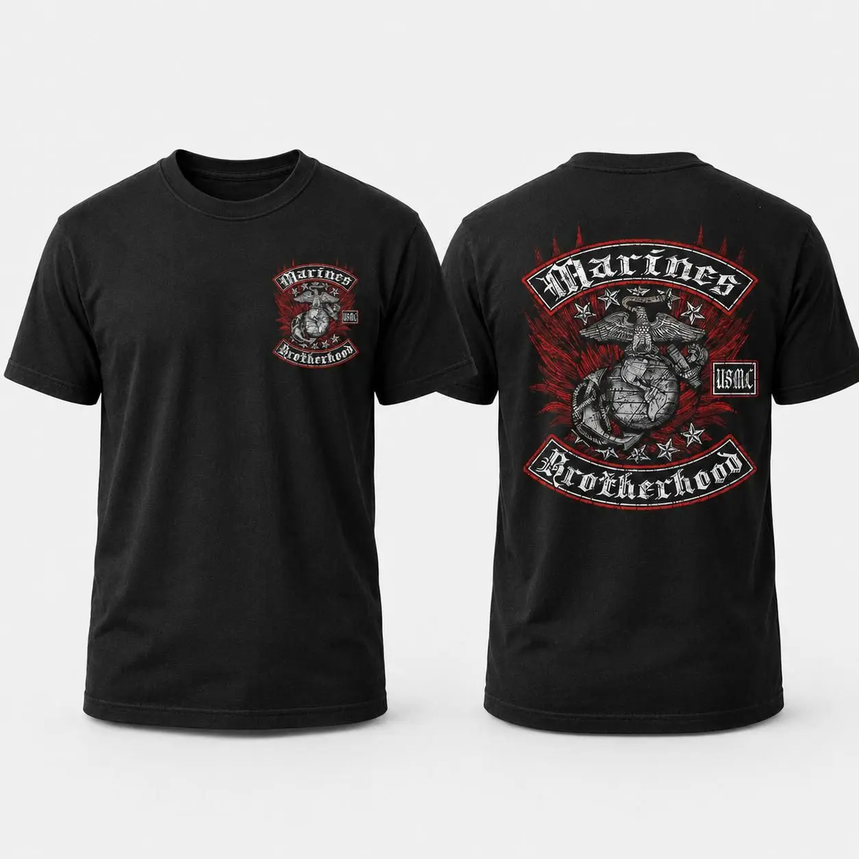 Marines Brotherhood T-Shirt, Black USMC Eagle Globe Anchor Graphic Tee, Front Back Print Military Veteran Shirt, Gift for Marines Men