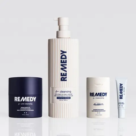 REMEDY Deeply Hydrating Essentials - Cleansing Balm + New 12 Oz Gentle Cleanser + Rich Cream Moisturizer + Dry Lips Treatment