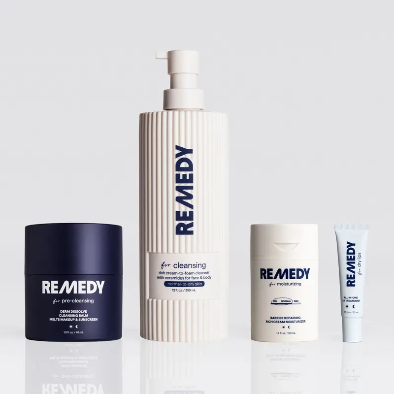 REMEDY Deeply Hydrating Essentials - Cleansing Balm + New 12 Oz Gentle Cleanser + Rich Cream Moisturizer + Dry Lips Treatment