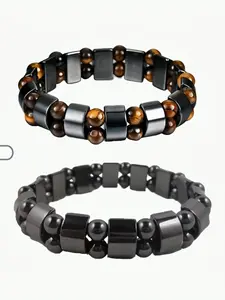 Handmade Tiger Eye Stone & Agate Men's Bracelet Set, Unisex Fashion Accessory, Ideal Gift for Boys, Daily Wear and Trendy, Mixed Texture Cuff