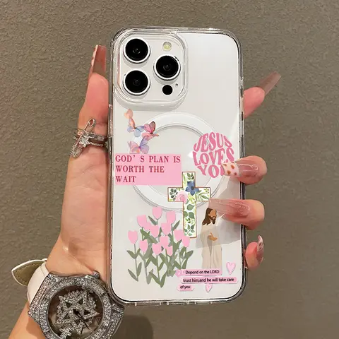 Magnetic Soft TPU Silicone Casing for iPhone 12-17 Pro Max, MagSafe-Compatible Cellphone Accessory with Faith Message Art, Shockproof, Waterproof, Anti-Scratch, Lightweight Fit Protector