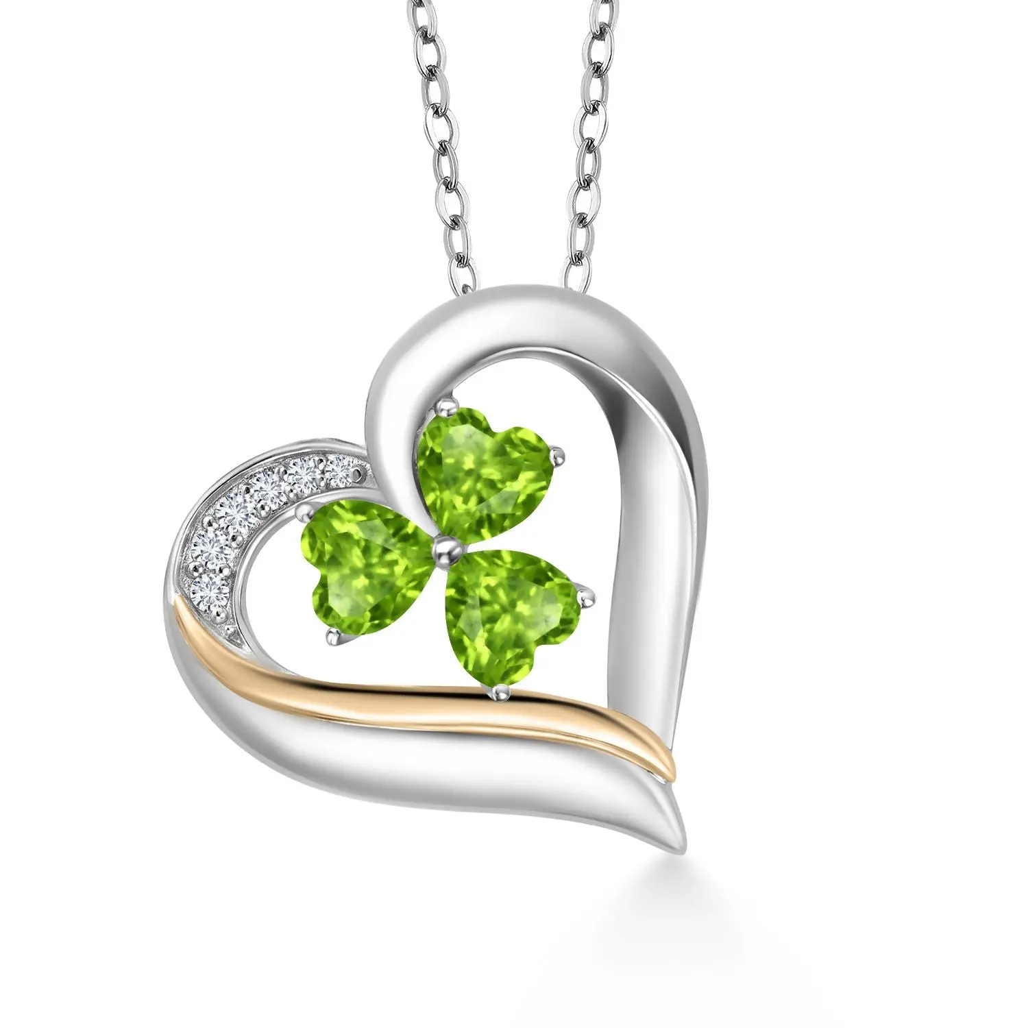 925 Sterling Silver and 10k Yellow Gold Green Peridot and White Lab Grown Diamond 3-Stone Pendant Necklace For Women (1.54 Cttw, Gemstone Birthstone, Heart Shape 5MM, 18 Inch Chain)