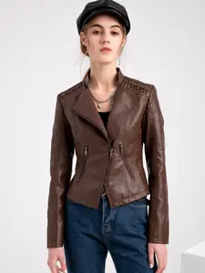 Women's Spring Autumn Faux Leather Motorcycle Jacket, Fitted Asymmetrical Front Design, Thin PU Coat, Casual Fashion Outerwear, Lightweight