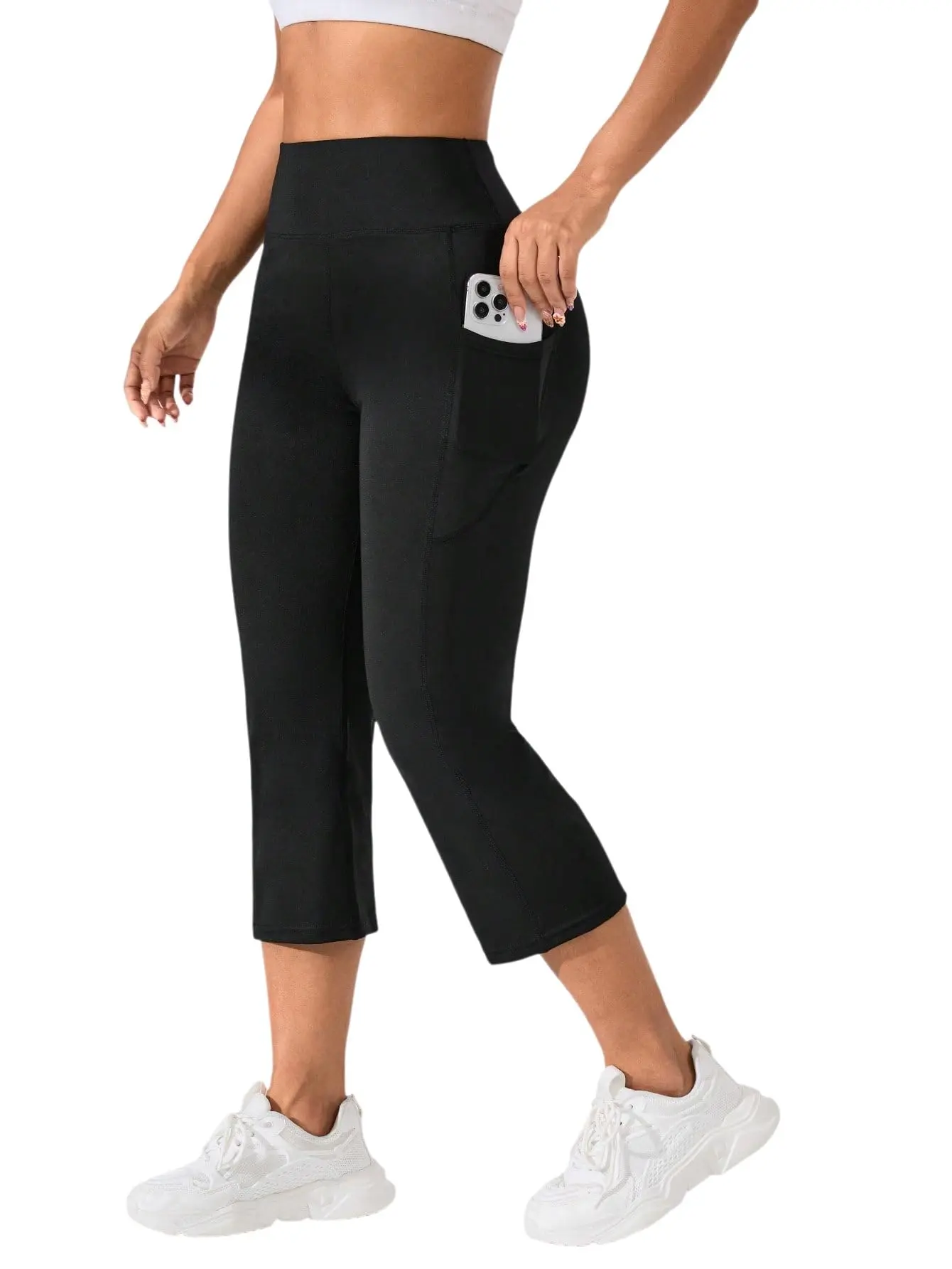 Dalon Women's Capri Yoga Pants with Pockets, High Waisted Cropped Flare Leggings, Tummy Control Workout Capris