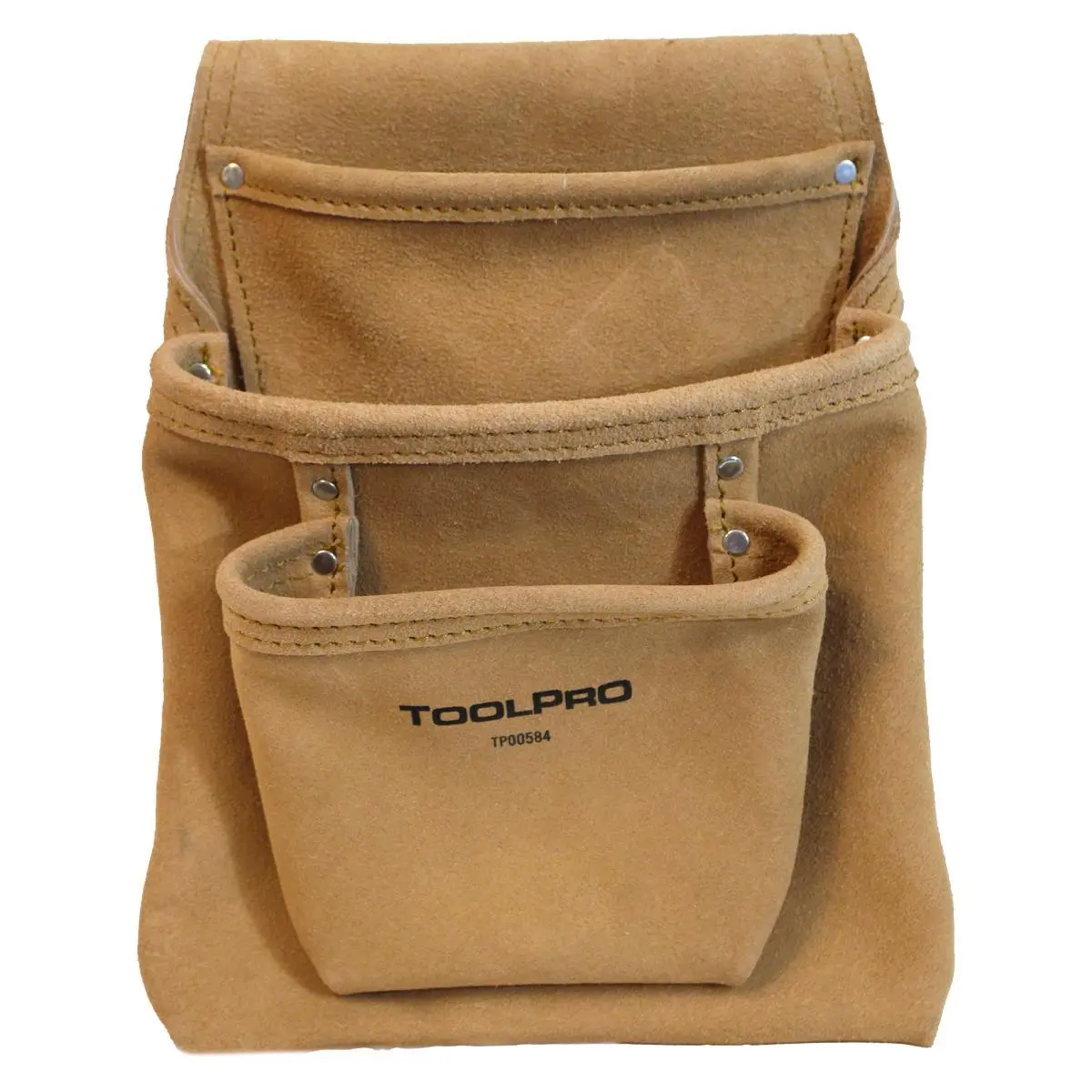 TOOLPRO Top Grain Leather Tool Pouch Organizer - 3-Pocket Tiered Design, Nickel-Plated Steel Loops, Heavy-Duty Reinforced Bag with Belt Clip for Tape Measure Clipped, Roofing, Framing Compact Fast Access