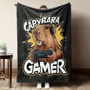 Funny Capybara Gaming Blanket, Cute Cartoon Capybara Throw with Headphones, Cozy Sofa Bed Blanket, Viral Gift Idea