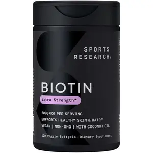 Sports Research Biotin 5,000mcg with Organic Coconut Oil - Biotin (Vitamin B7) for Healthy Skin and Hair Support* - for Women and Men - Vegan, Non-GMO, Gluten & Soy-Free - 120 Veggie Softgels