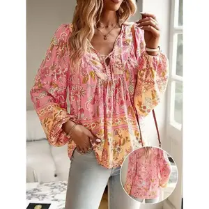 Bohemian chic floral V-neck shirt with tie details - long sleeves, women's casual wear, temperament, tassel shirt, casual style, full/global/full Bohemian women's slim fit topRAIMENTRY