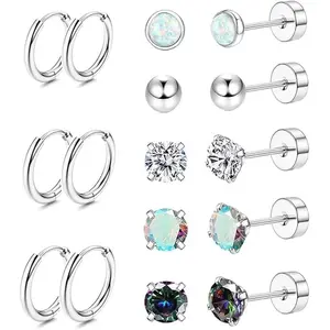 8 Pairs Surgical Stainless Steel Stud Earrings for Sensitive Ears, Anti-Allergic 20G Flat Back Cartilage Studs, Small Ball & CZ Opal Designs, Unisex Minimalist Jewelry, Holiday & Valentine's Day Gift