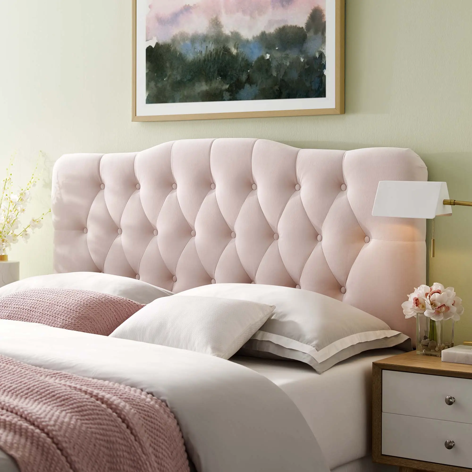Modway Annabel King Size Diamond Tufted Performance Velvet Headboard, Pink, Ideal for Guest Room