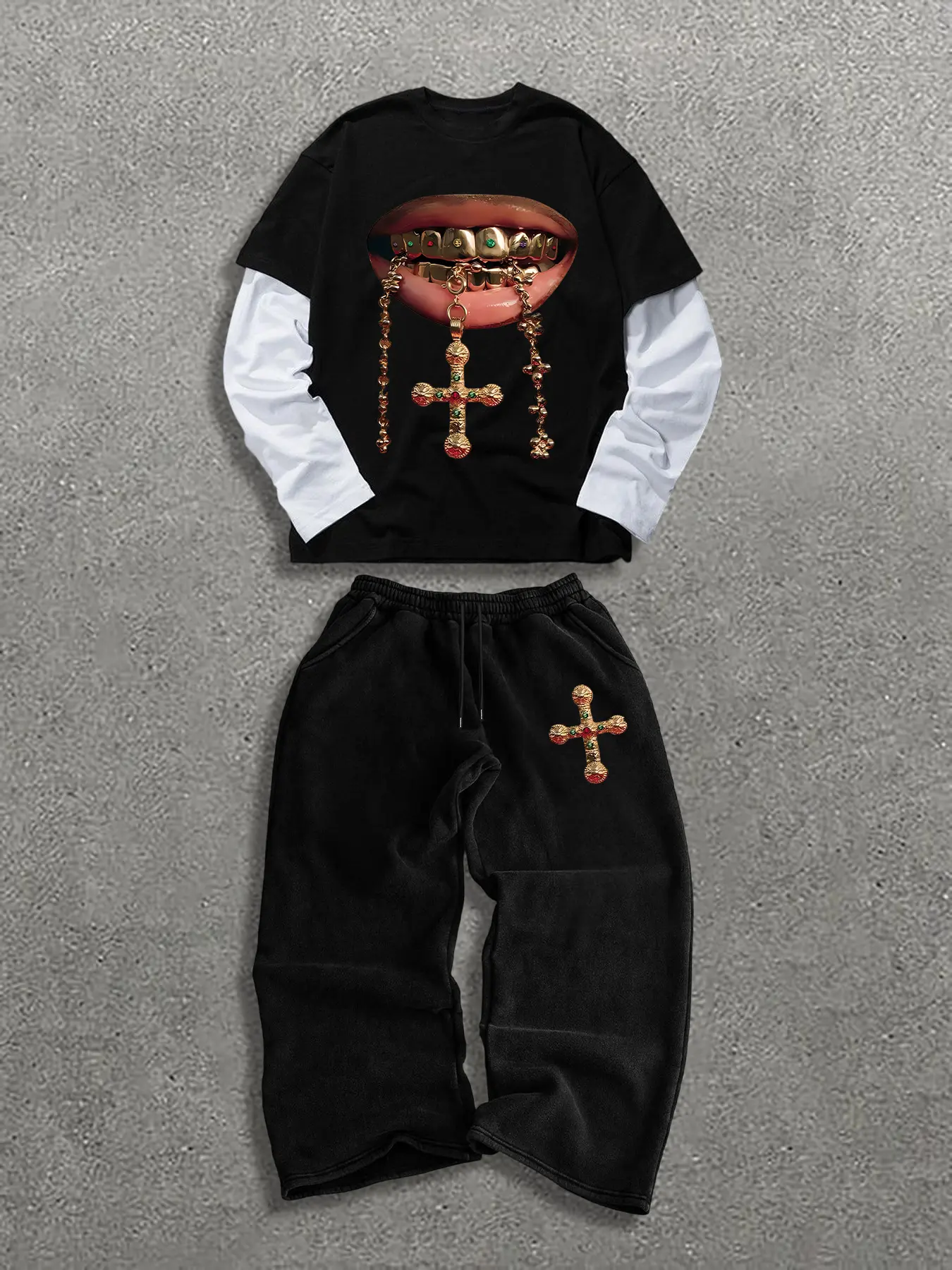 Men's Hip Hop Street Style Two-Piece Set Streetwear Clothes, Long Sleeve Graphic Tee & Straight Leg Pants, Comfortable Breathable Casual Outfit