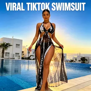 2026 Women’s Boho 3 Piece Bikini Set Tie-Dye Swimsuit Set Halter Neck with Skirt Cover Up Summer Vacation Swimwear for Women LY398